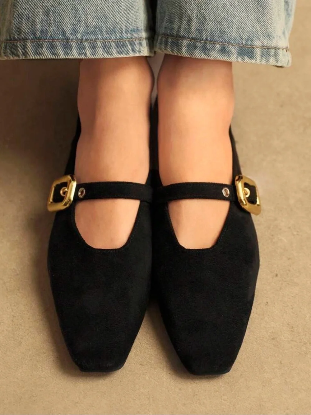 H&M Black Suede Mary Jane Flats with Gold Buckle size 11 NWT